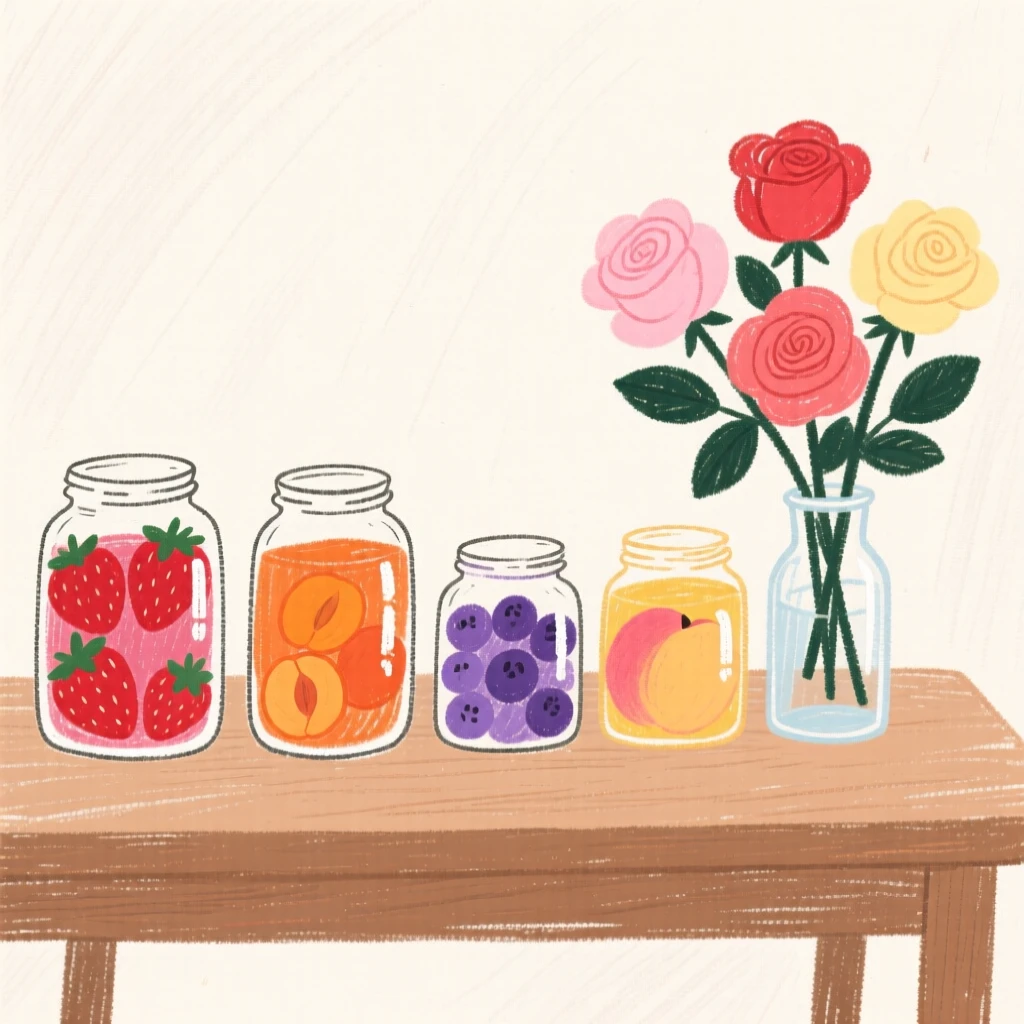 A row of glass jars filled with preserves arranged neatly beside a vase of garden roses.