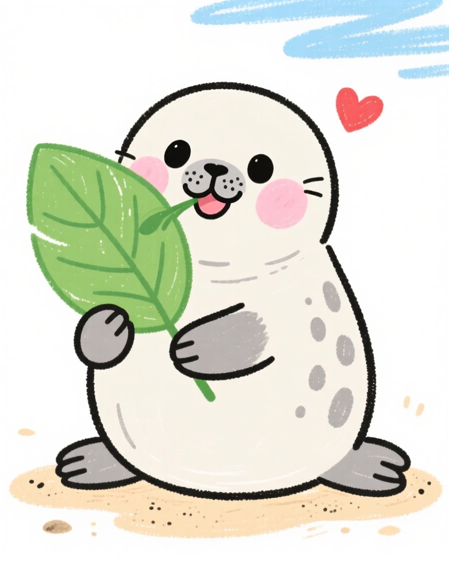 A chubby seal pup nibbling on a fresh green leaf.