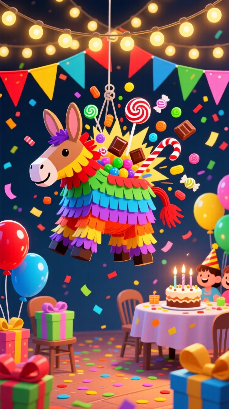 A colorful piñata bursting with candy at a birthday party, decorated with warm string lights and colorful banners, arranged with cheerful details filling every corner, with warm twinkling lights adding a magical sparkle.