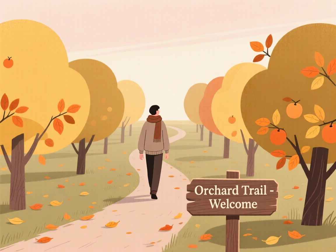 An autumn scene of a quiet morning walk in an orchard.