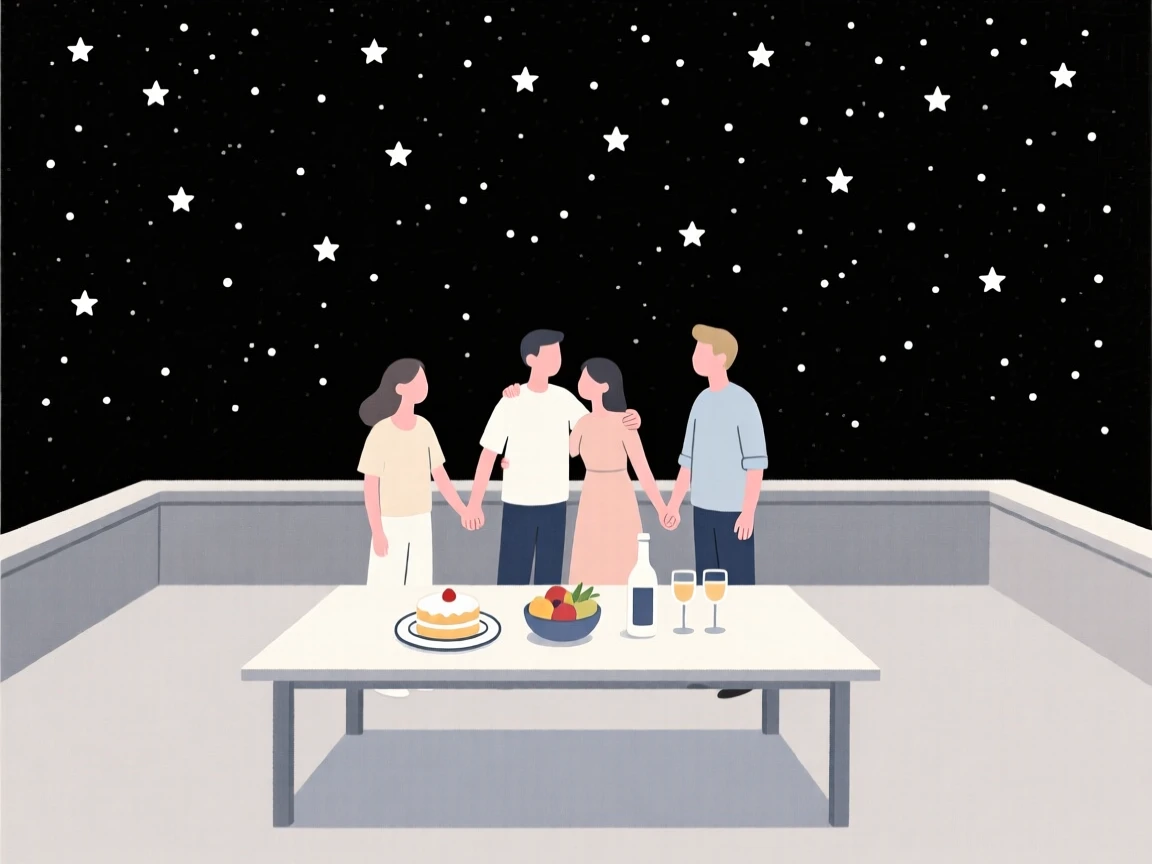 Friends gathered for a wedding celebration in a rooftop under the stars, surrounded by a table of festive food, radiating heartfelt gratitude.