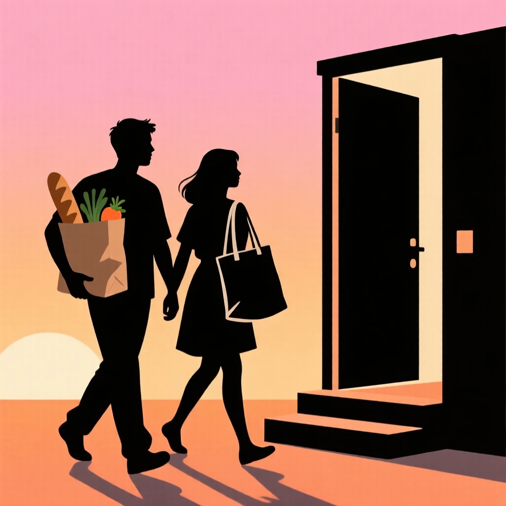 A young couple carrying groceries together into their first apartment.
