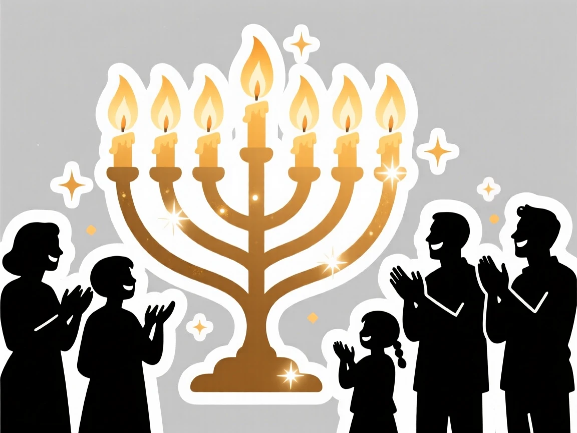 A sparkling and celebratory menorah with glowing candles during Hanukkah, glowing softly in the evening light, at a joyful family gathering.
