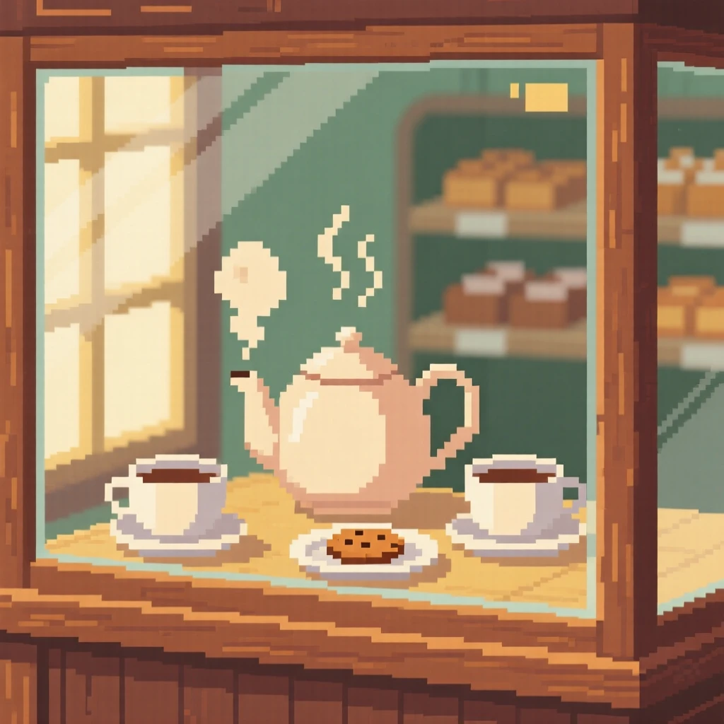 A tea set with a steaming pot photographed with warm afternoon light streaming in, in a cozy bakery display case.