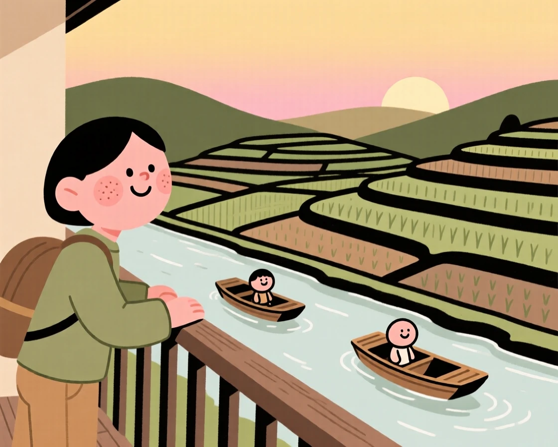 A traveler pauses on a narrow balcony overlooking terraced rice fields, watching boats gliding along the water as the soft evening light settles over the scene.