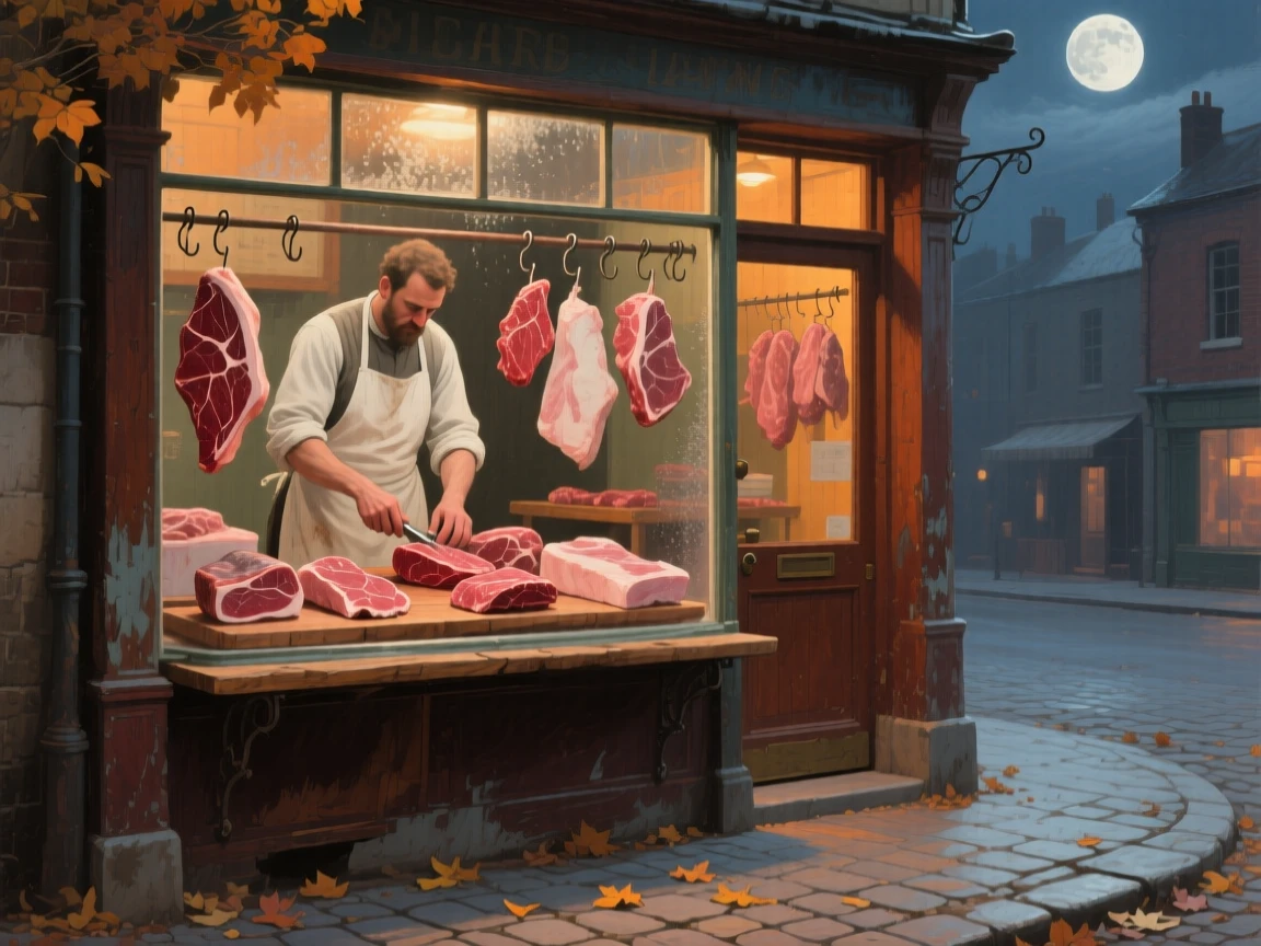 A centered composition of a butcher arranging cuts of meat in a traditional shopfront, in mid-autumn, under a full moon.