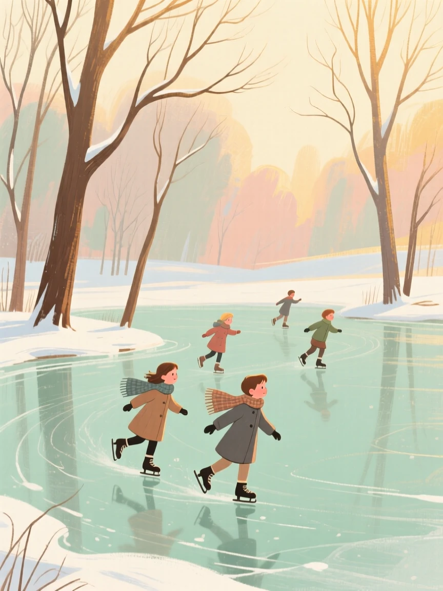 A frozen pond where children skate beneath bare winter trees