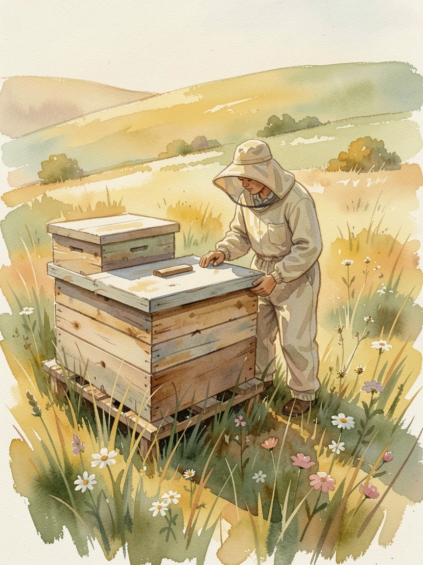 A beekeeper tending to hives in a summer meadow surrounded by a warm and inviting setting.