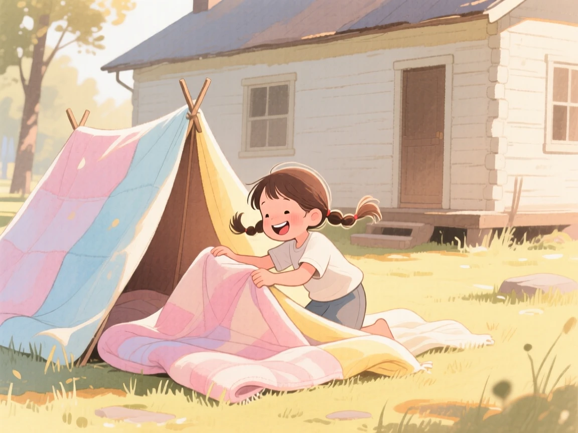 A girl with pigtails builds a small fort out of blankets beside a family cabin, laughter and joy filling the warm afternoon air