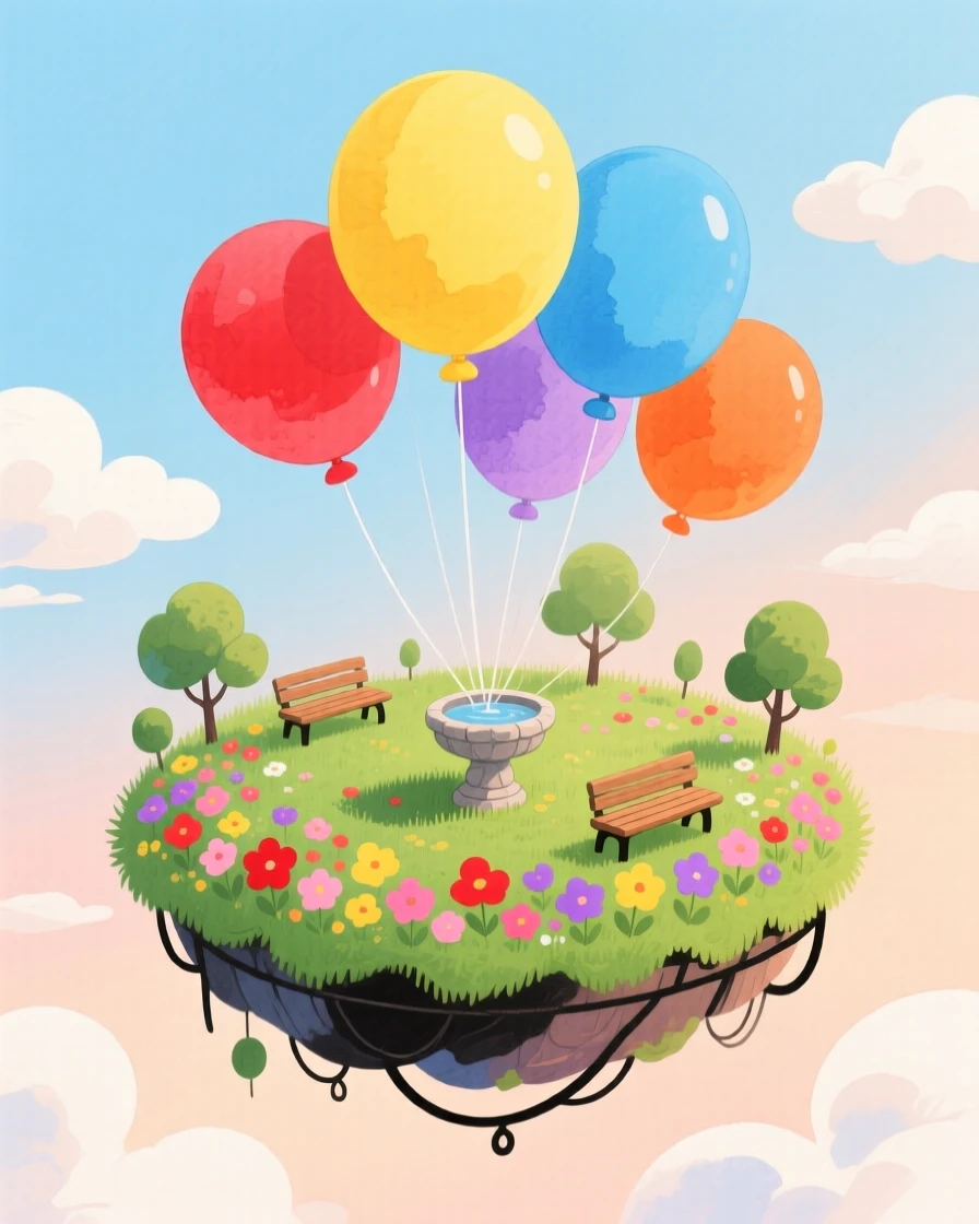 A wondrous view of a floating garden suspended by giant balloons.
