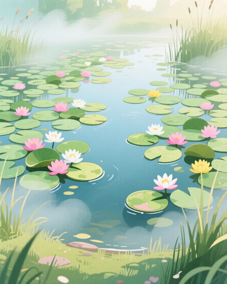 A quiet pond covered in blooming lily pads, with gentle mist rolling low across the ground, filled with quiet majesty and stillness.