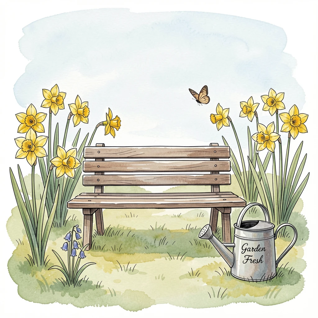 A spring meadow bursting with daffodils around a quiet garden bench, small decorative details adding charm throughout.