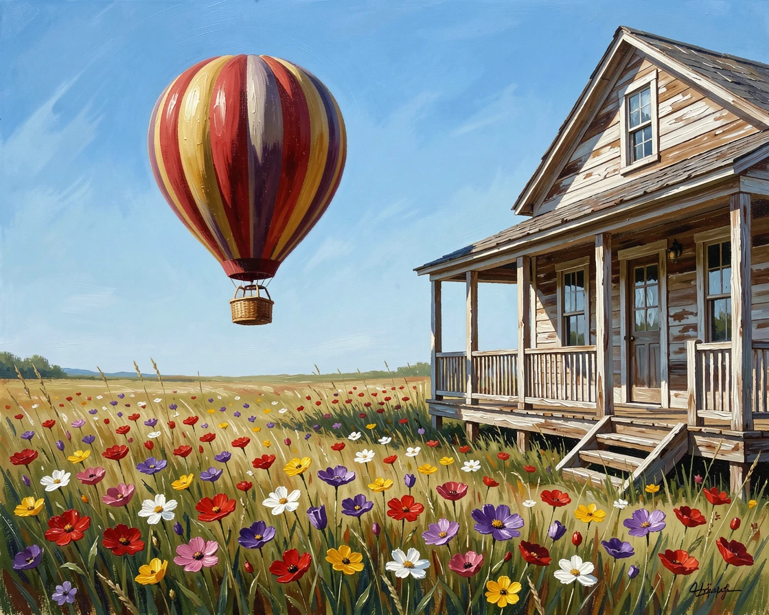 A sunlit meadow bursting with summer wildflowers, a hot air balloon drifting slowly overhead, beside a rustic farmhouse with a wraparound porch, beneath a bright, cloudless summer sky.