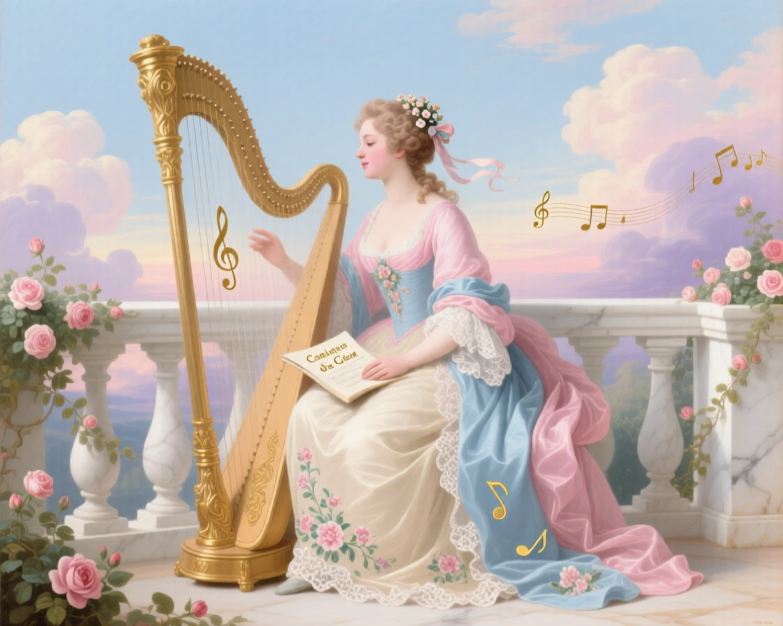 A lady representing music, seated beside a harp on a cloud-filled terrace  