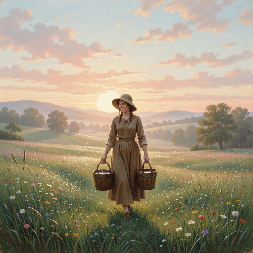 A farmer's wife carries pails through a dew-covered meadow at dawn beneath a wide summer sky.