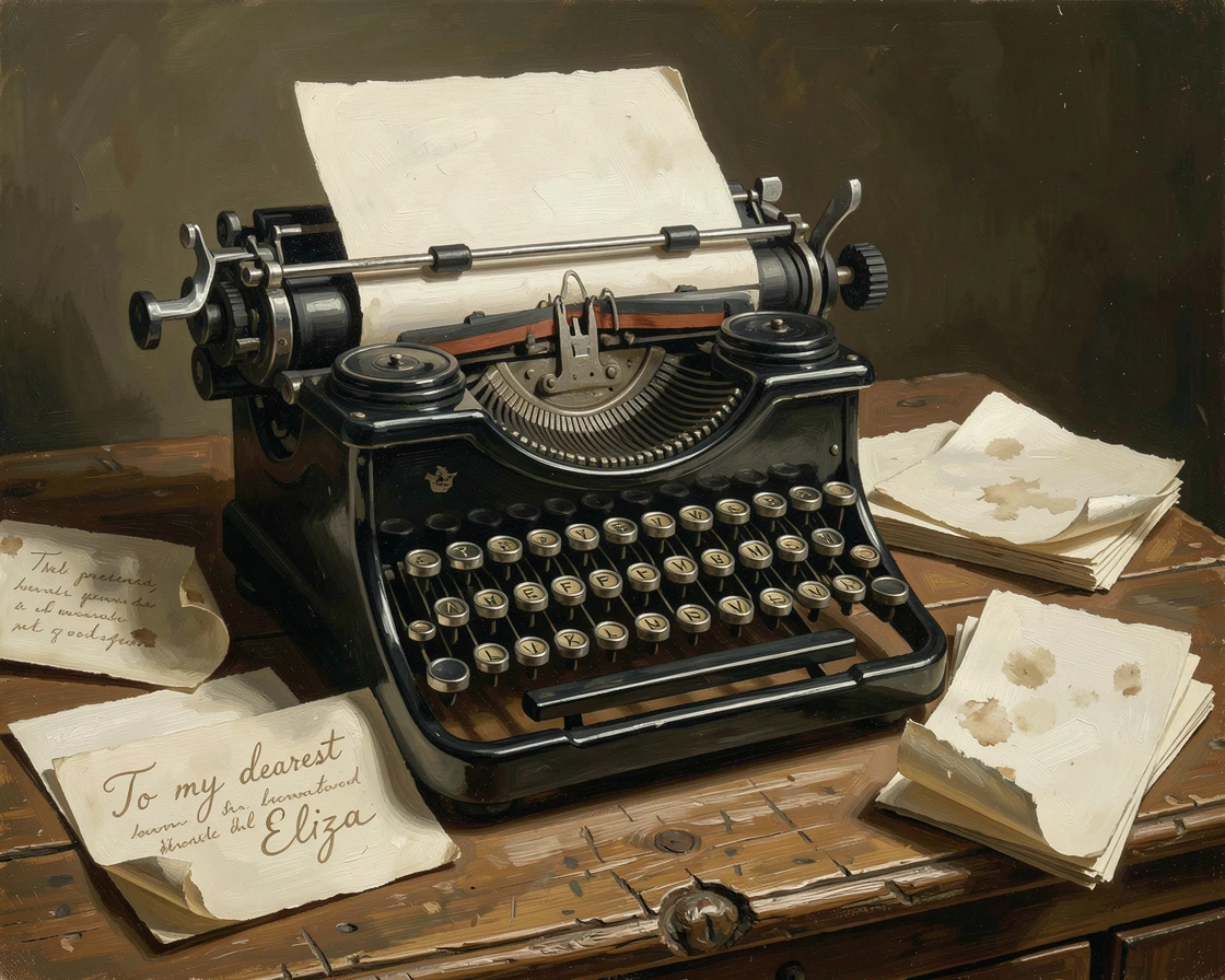 A vintage typewriter surrounded by scattered handwritten letters, arranged with careful, deliberate elegance, evoking elegance, refinement, and quiet luxury