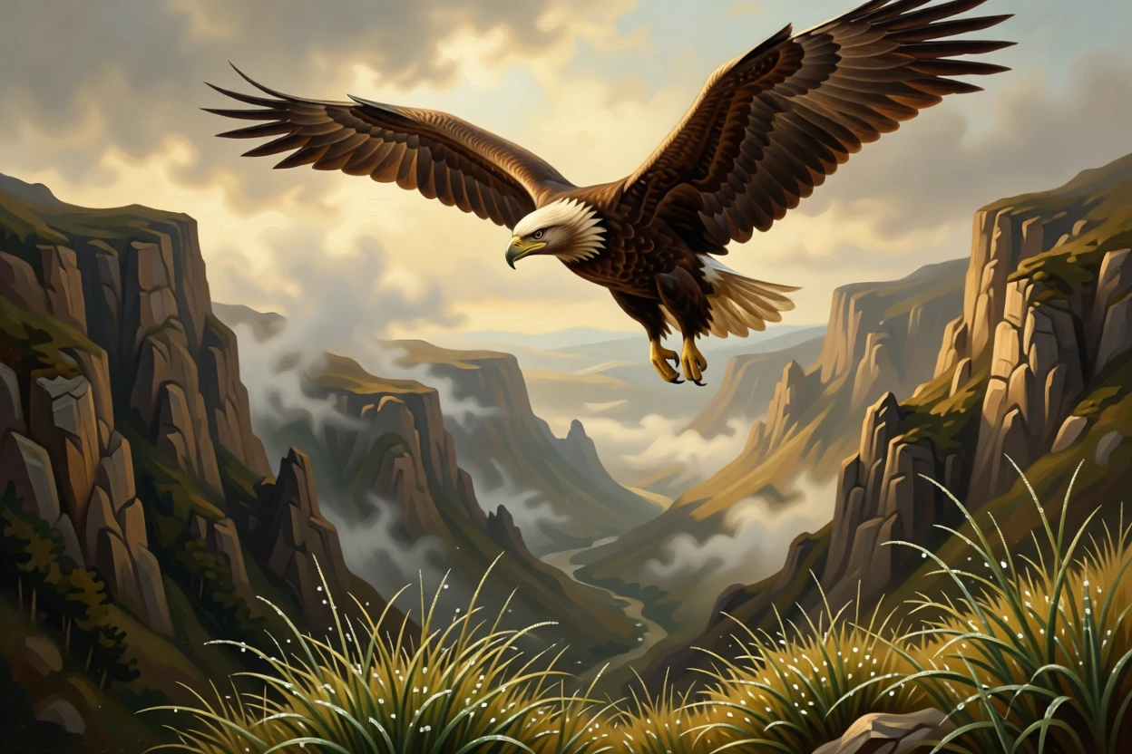 An eagle soaring high above a dramatic mountain gorge in a fleeting instant of natural beauty rarely witnessed, set within an untouched wilderness far from human hands, with dew-covered grass, drifting mist, and soft golden light; the composition balances raw power with graceful, natural stillness, suggesting the timeless harmony between nature and spirit.