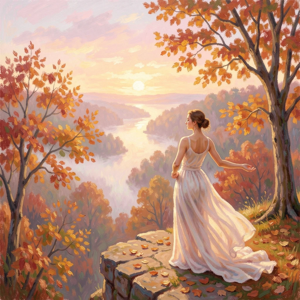 A woman practicing yoga on a cliffside overlooking a misty valley at sunrise, as autumn leaves begin to fall, conveying a feeling of romance and tranquility.