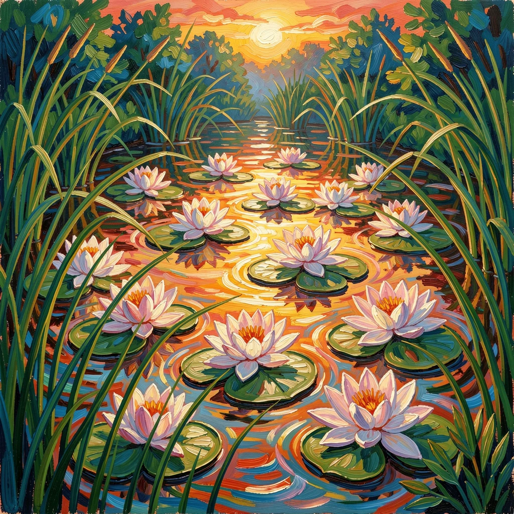 A garden pond edged with reeds and blooming water lilies at sunrise.