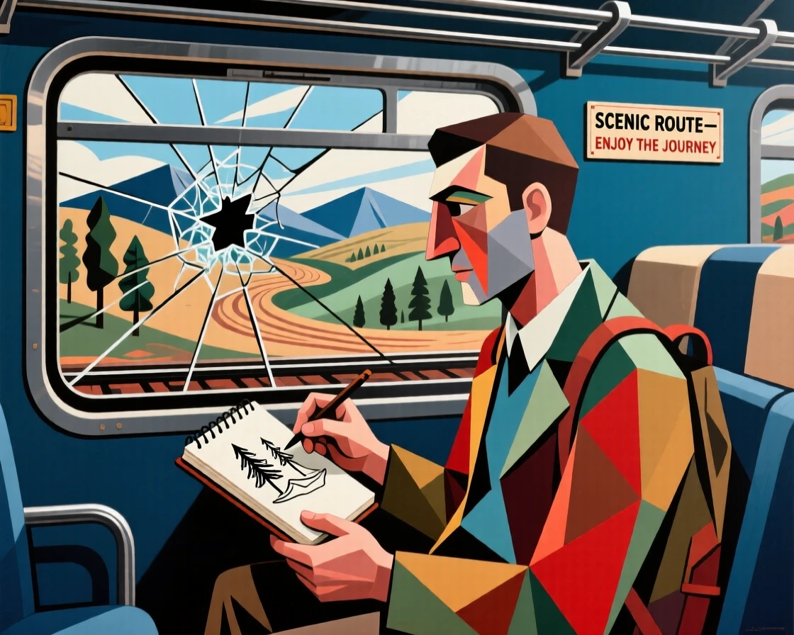 A traveler filling a journal with sketches while riding a scenic train.