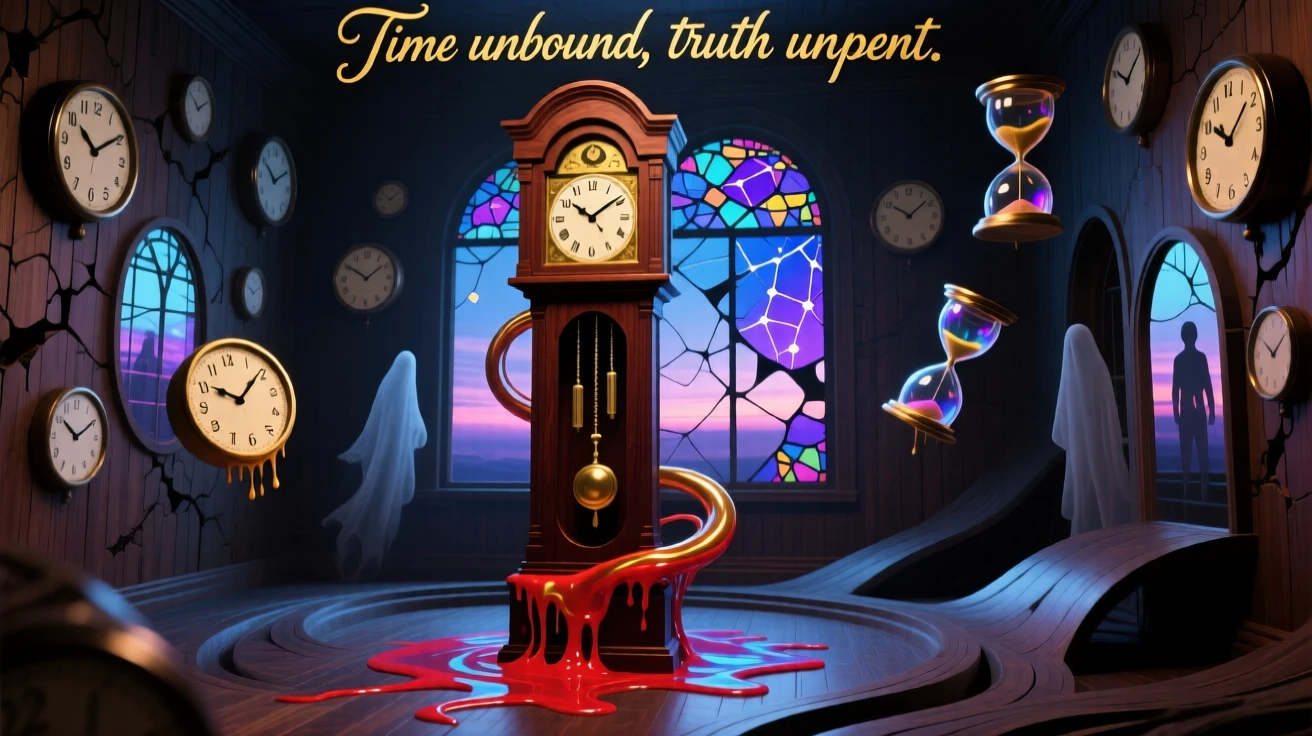 A grandfather clock whose hands melt slowly down its wooden face seems to shift slightly each time it is glanced away from, as every clock within view shows a different, ticking hour.