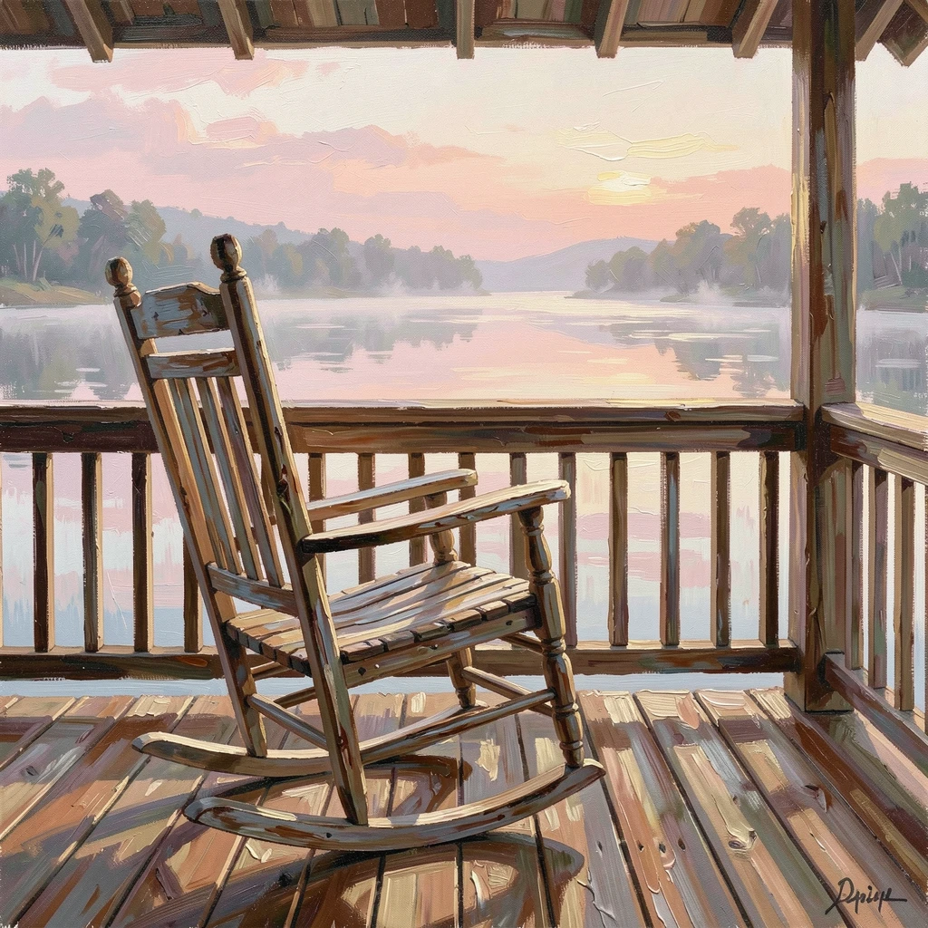 A charming lakeside cabin porch shows an old wooden rocking chair overlooking still water at sunrise, mist rising gently off the surface, the atmosphere feeling both timeless and quietly alive with the rhythms of daily life.