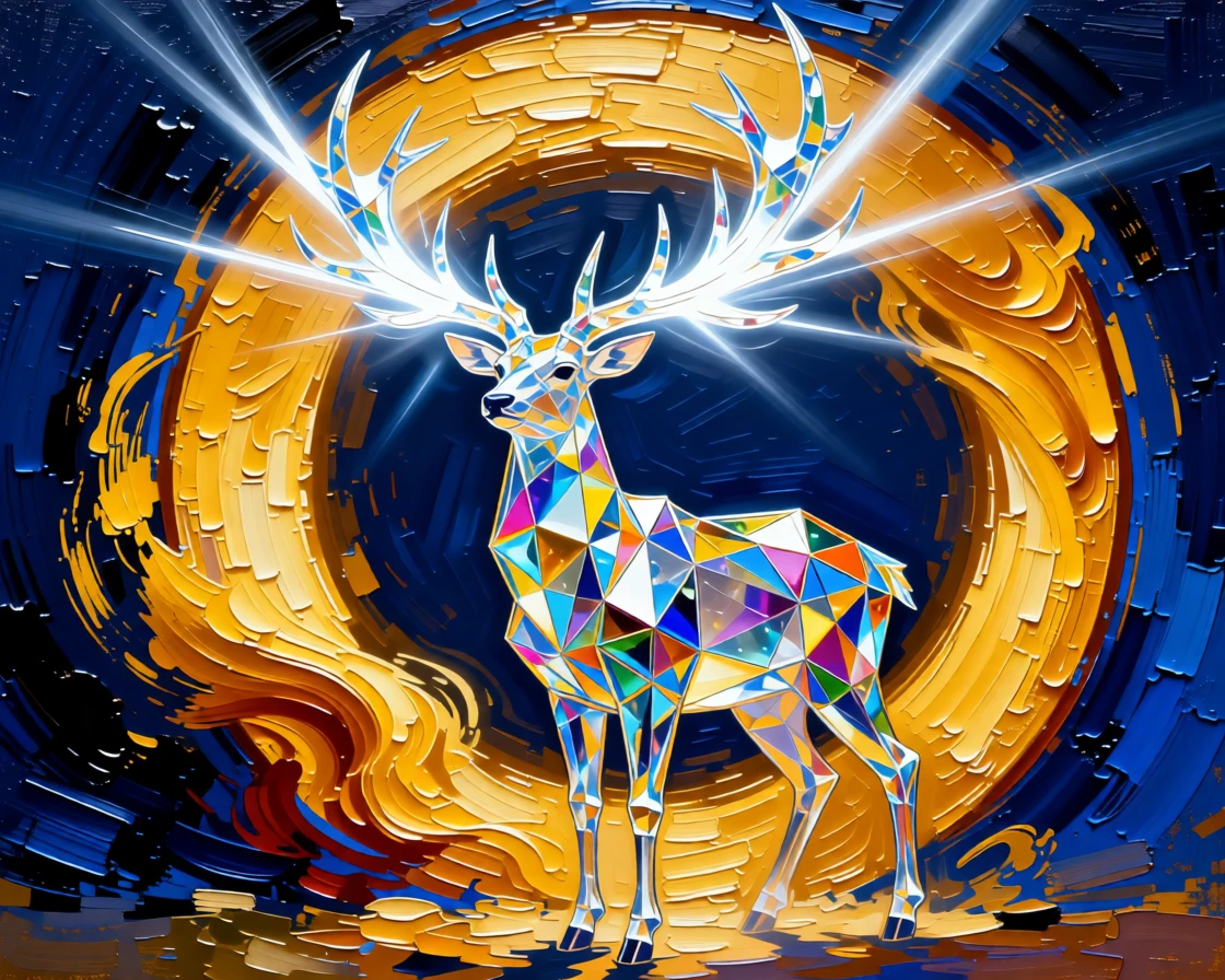 a crystal stag with antlers of pure light emerging from a portal of swirling golden light