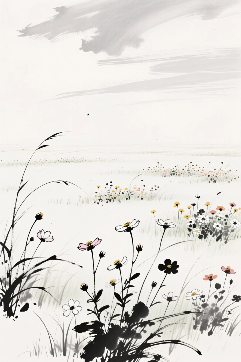 A meadow bursts with wildflowers beneath a pale spring sky, as a gentle breeze carries the scent of blossoms.