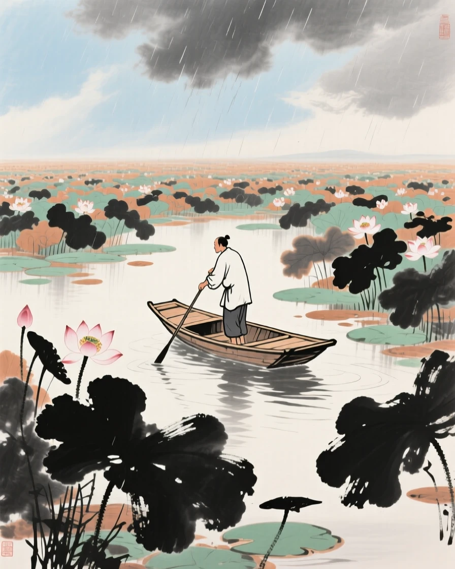 A boatman poling his craft gently through a field of lotus, under clearing skies after a storm, in the mild days of early winter, imbued with timeless calm.