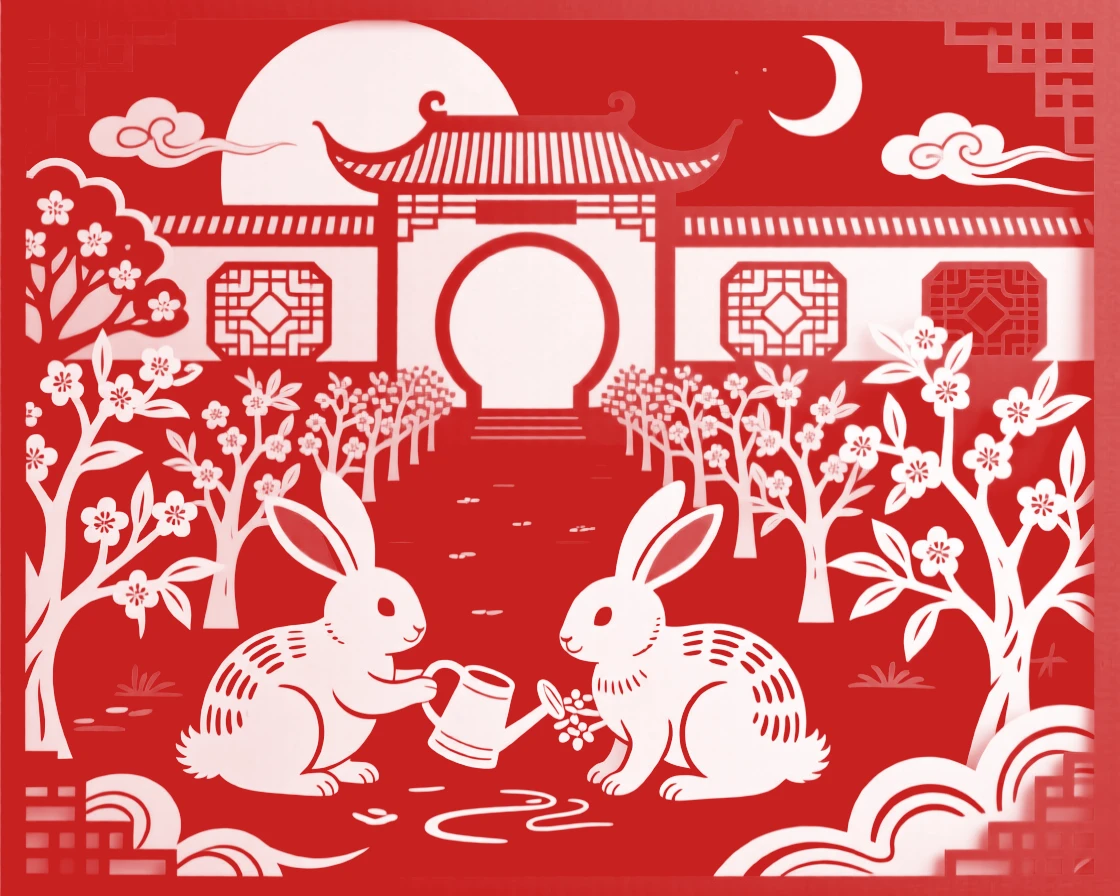A moon palace garden where jade rabbits tend rows of glowing osmanthus trees