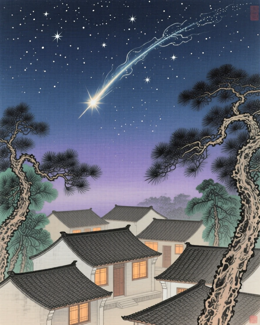 A shooting star streaking above a sleeping village, framed by the silhouettes of ancient pine trees