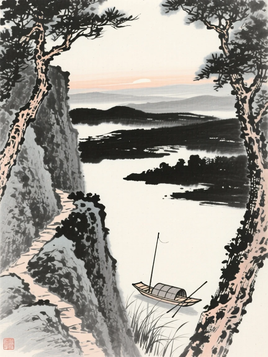 A steep gorge with a thin trail carved into its side at first light, when the world is still hushed and grey, framed through a gap in the trees, revealing the valley beyond, with a small fishing boat anchored near the reeds, suggesting the quiet vastness of the natural world.