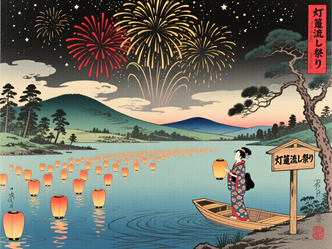 Fireworks over a calm lake releasing thousands of glowing lanterns into the night sky.