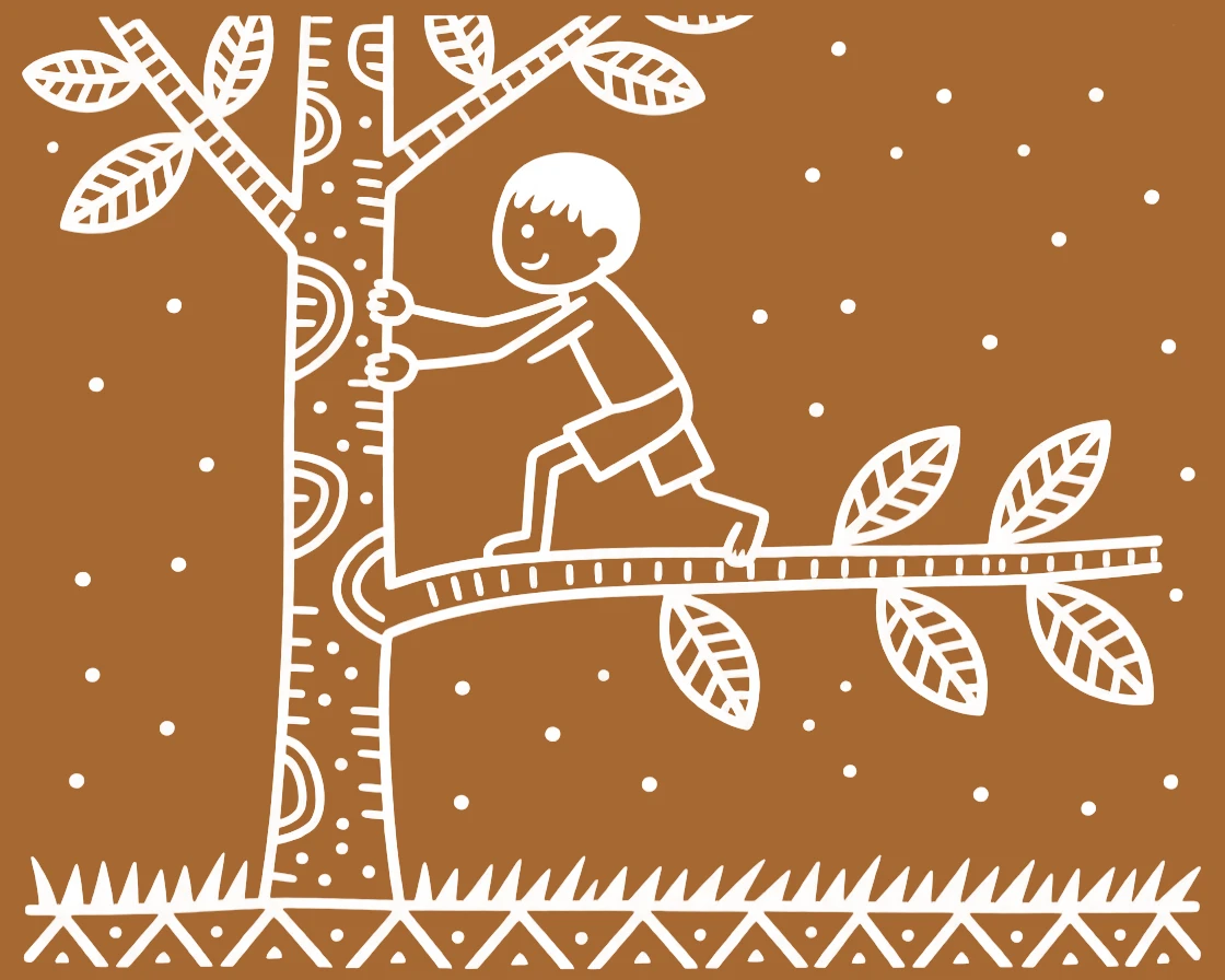 A shy young boy climbing a low tree branch for fun.