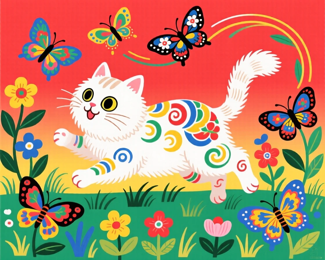 A fluffy white cat chasing butterflies in a garden.