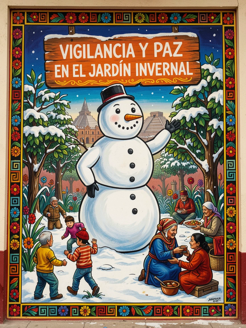 A snowman standing watch over a peaceful winter garden