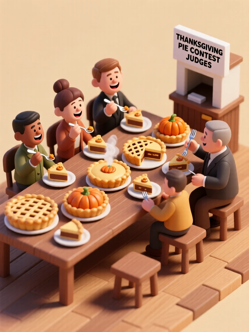A Thanksgiving pie contest at a county fair, judges tasting slices from a long table of golden-crusted entries.