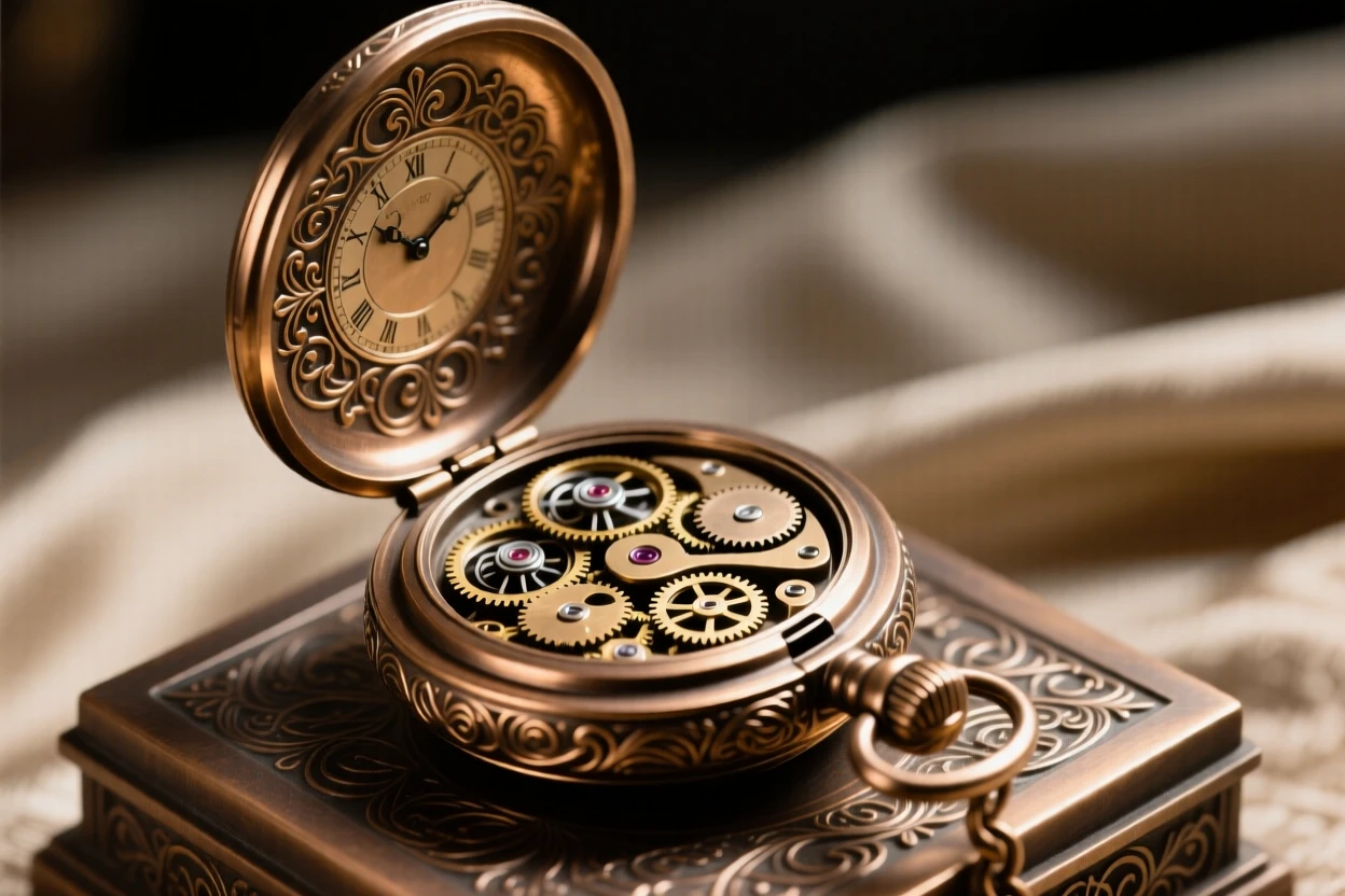 An ornate golden pocket watch open to reveal intricate gears, set against a soft, elegant background, radiating elegance and refinement