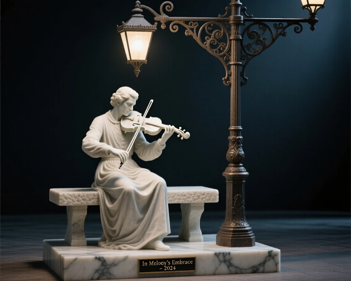 A beautifully composed image of a violin player performing beneath a streetlamp, in a moment of quiet stillness, full of atmosphere and visual storytelling