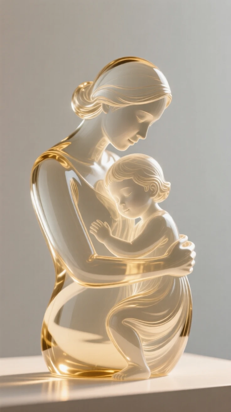 A mother comforting her child during a quiet moment while a warm light settles over the whole scene