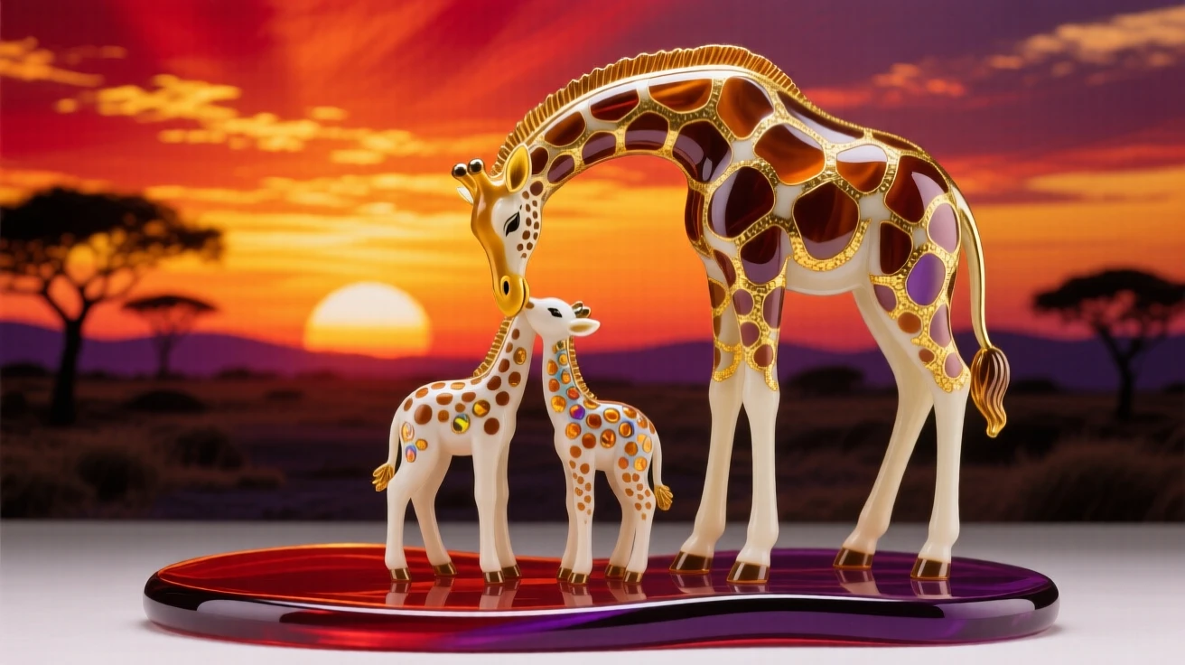 A mother giraffe nuzzling her calf beneath a blazing African sunset, tender and iconic.