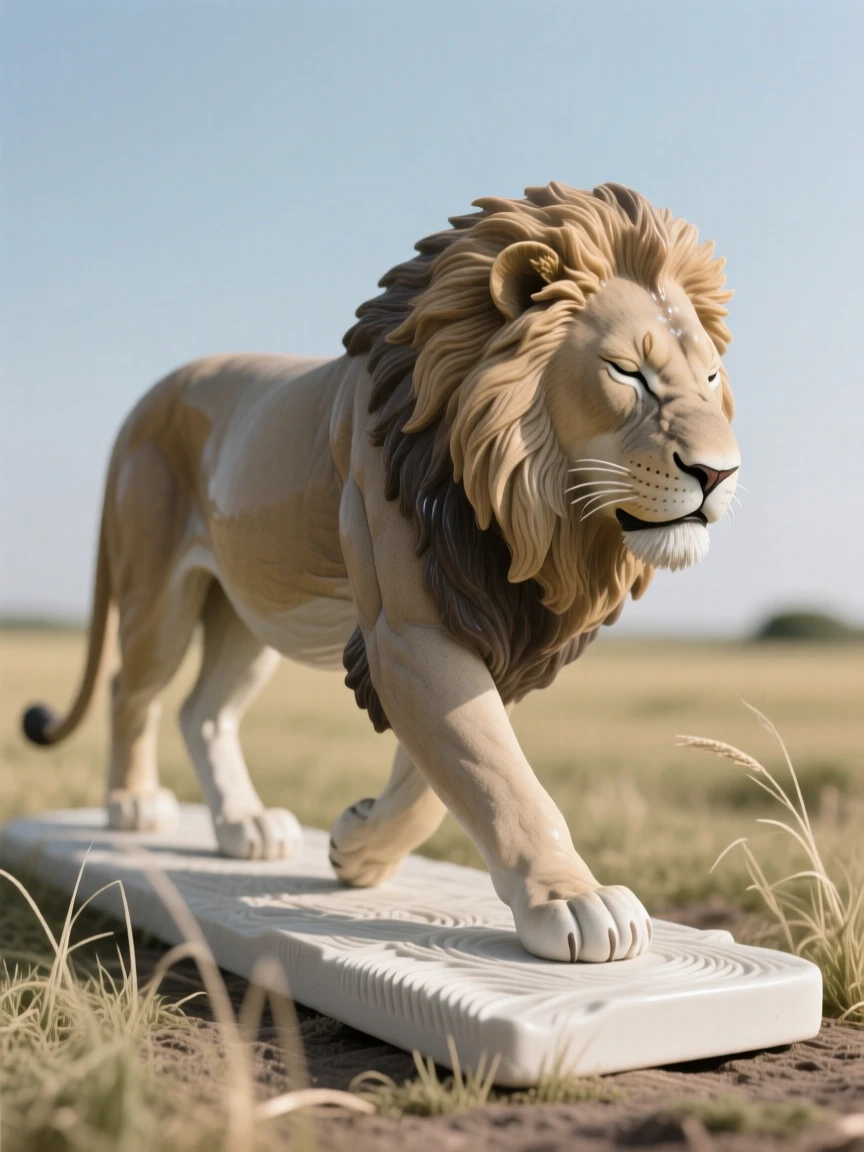 A resting lioness captured mid-stride across an open field, with a soft breeze lifting its fur, stirring a feeling of gentle wonder.
