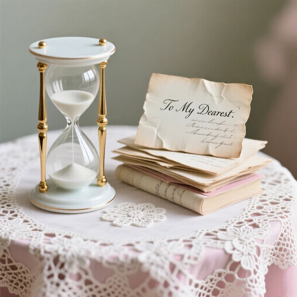 A refined still-life arrangement of an hourglass and old letters on a lace tablecloth, composed with classical balance and harmony.