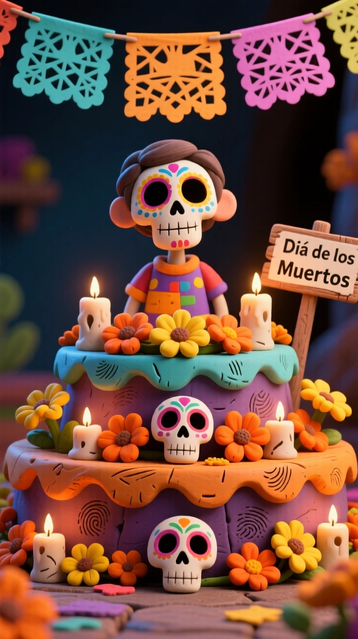 A colorful Day of the Dead altar decorated with marigolds and candles