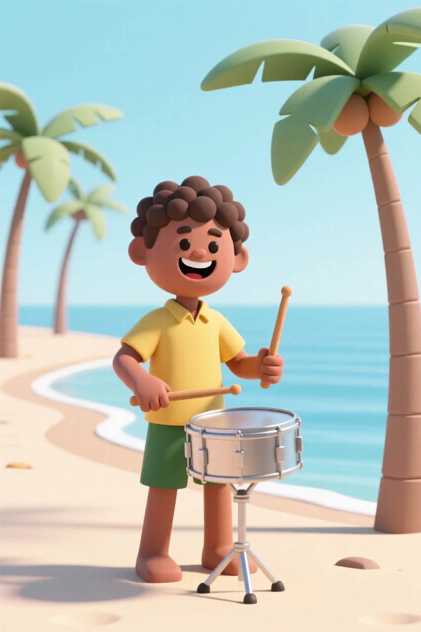A cheerful Jamaican steel drummer plays a lively tune on a sunny beach lined with swaying palms.