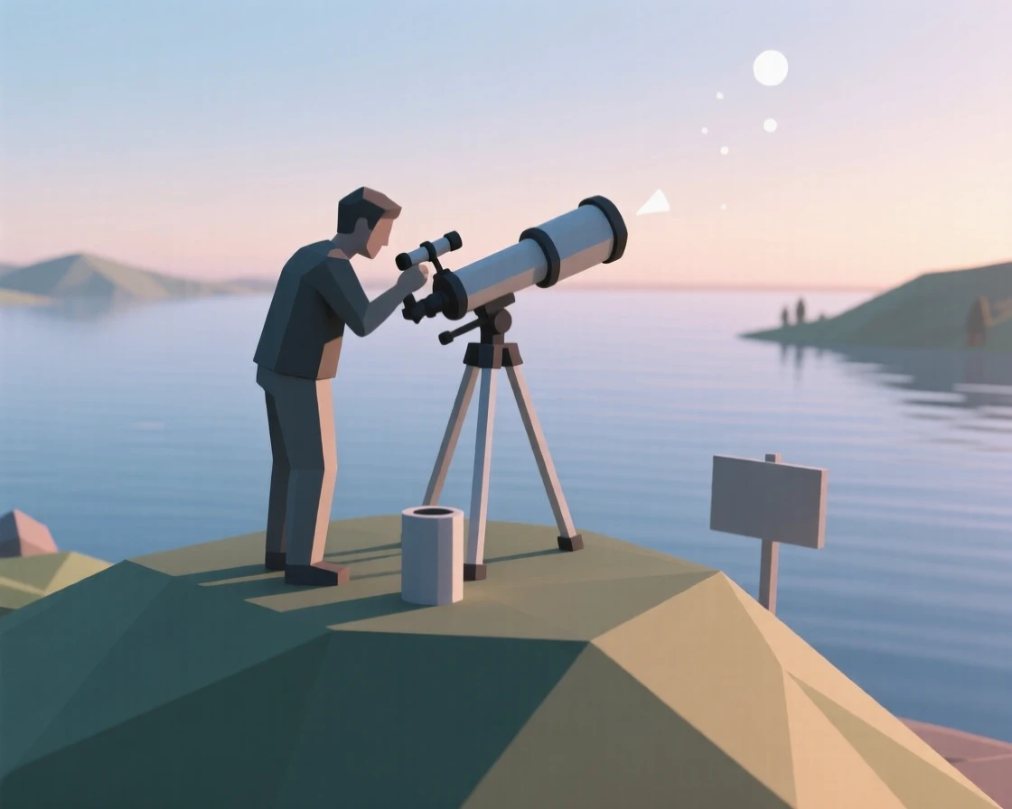 A stargazer setting up a telescope on a hilltop, beside a tranquil lake at dawn. fine details highlight skill and craftsmanship. A quiet passion fills the moment.