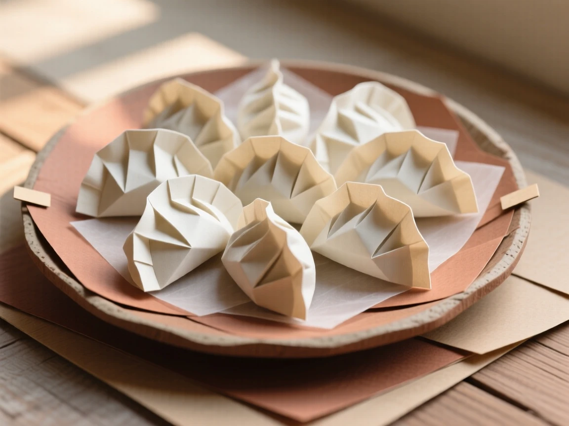 A delicate plate of handmade dumplings presented on a rustic ceramic plate, with morning light catching every texture, capturing indulgence and warmth.