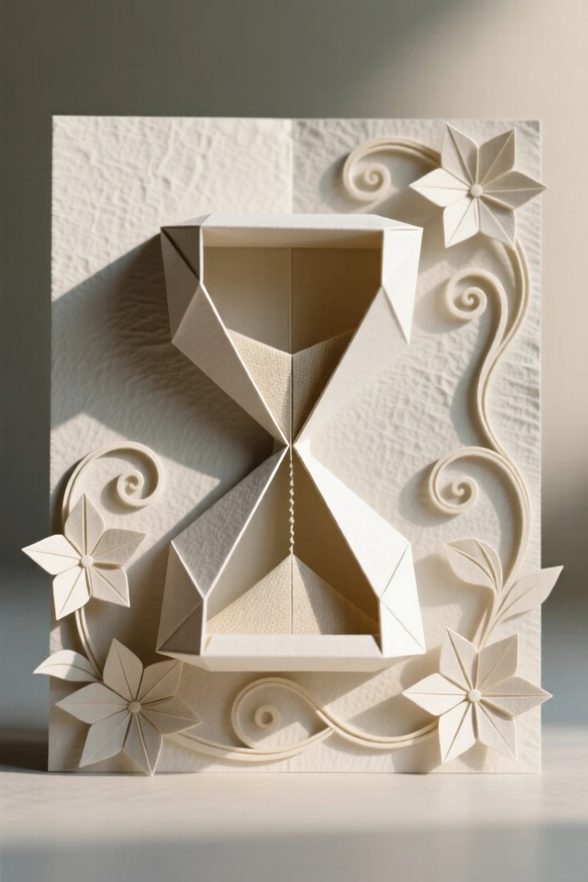 A decorative hourglass design surrounded by delicate floral scrollwork.
