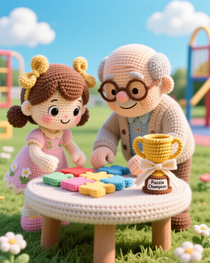 a little girl doing a puzzle with her grandfather, both leaning over the table, is captured fitting the final piece into place in a community playground on a clear day beside a small trophy or ribbon nearby, showing the simple happiness of a favorite pastime.