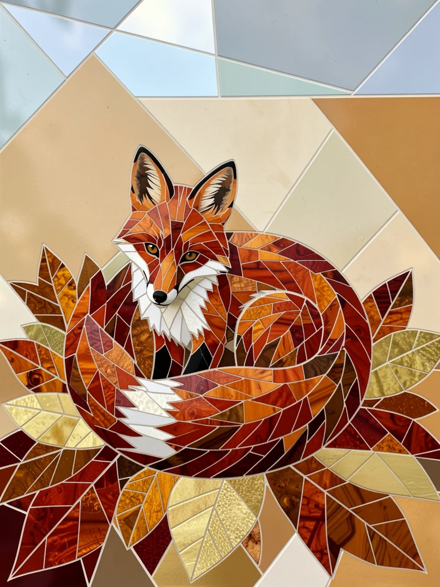 A red fox curled up in a bed of autumn leaves, captured in soft natural light with a shallow depth of field.